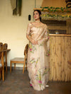 Floral Embroidered Organza Saree with Pearl Border & Matching Blouse – Pink, Cream & White