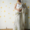 Floral Embroidered Organza Saree with Pearl Border & Matching Blouse – Pink, Cream & White