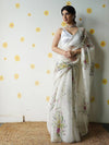 Floral Embroidered Organza Saree with Pearl Border & Matching Blouse – Pink, Cream & White