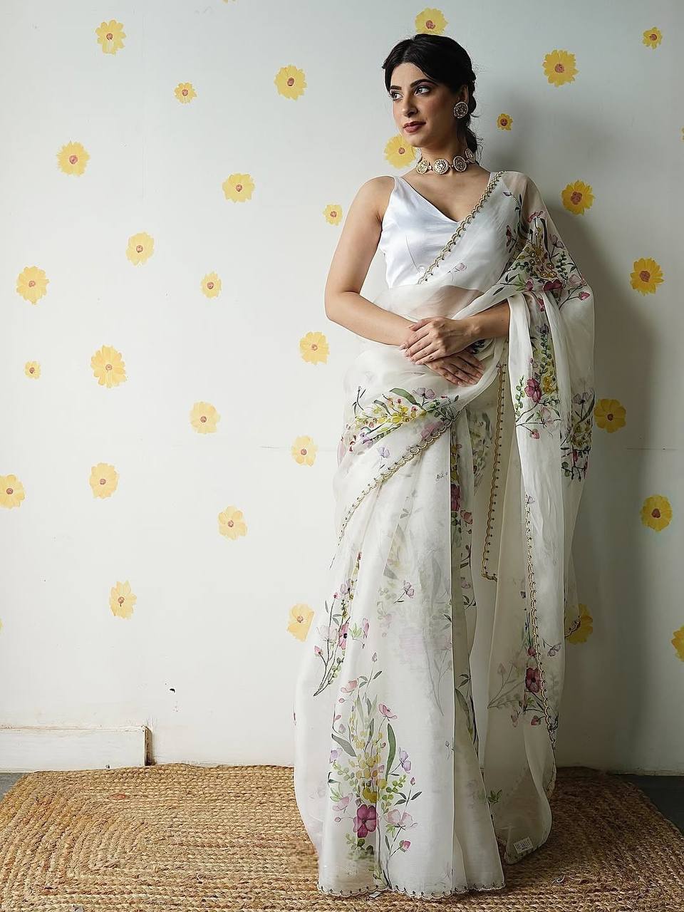 Floral Embroidered Organza Saree with Pearl Border & Matching Blouse – Pink, Cream & White
