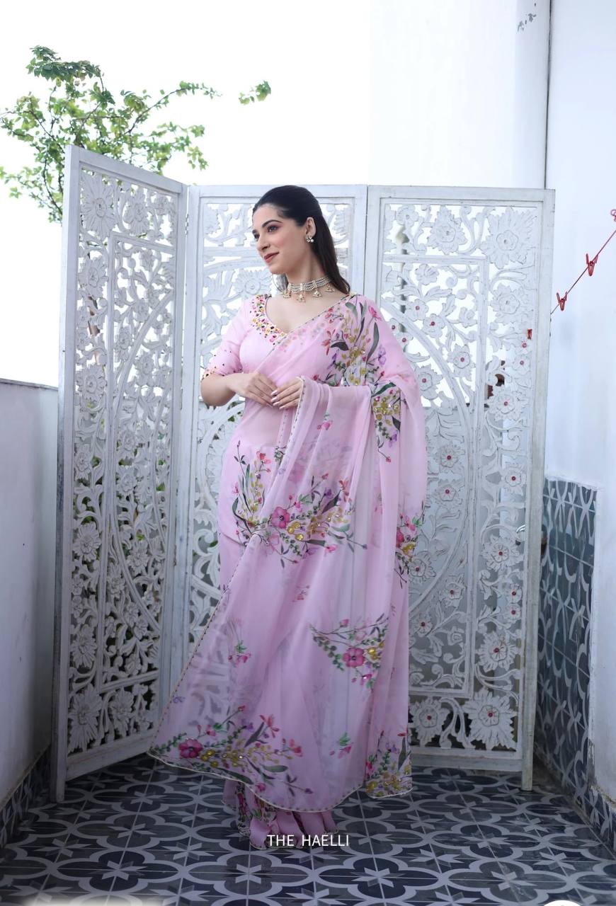 Floral Embroidered Organza Saree with Pearl Border & Matching Blouse – Pink, Cream & White
