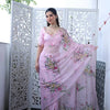 Floral Embroidered Organza Saree with Pearl Border & Matching Blouse – Pink, Cream & White