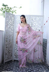 Floral Embroidered Organza Saree with Pearl Border & Matching Blouse – Pink, Cream & White
