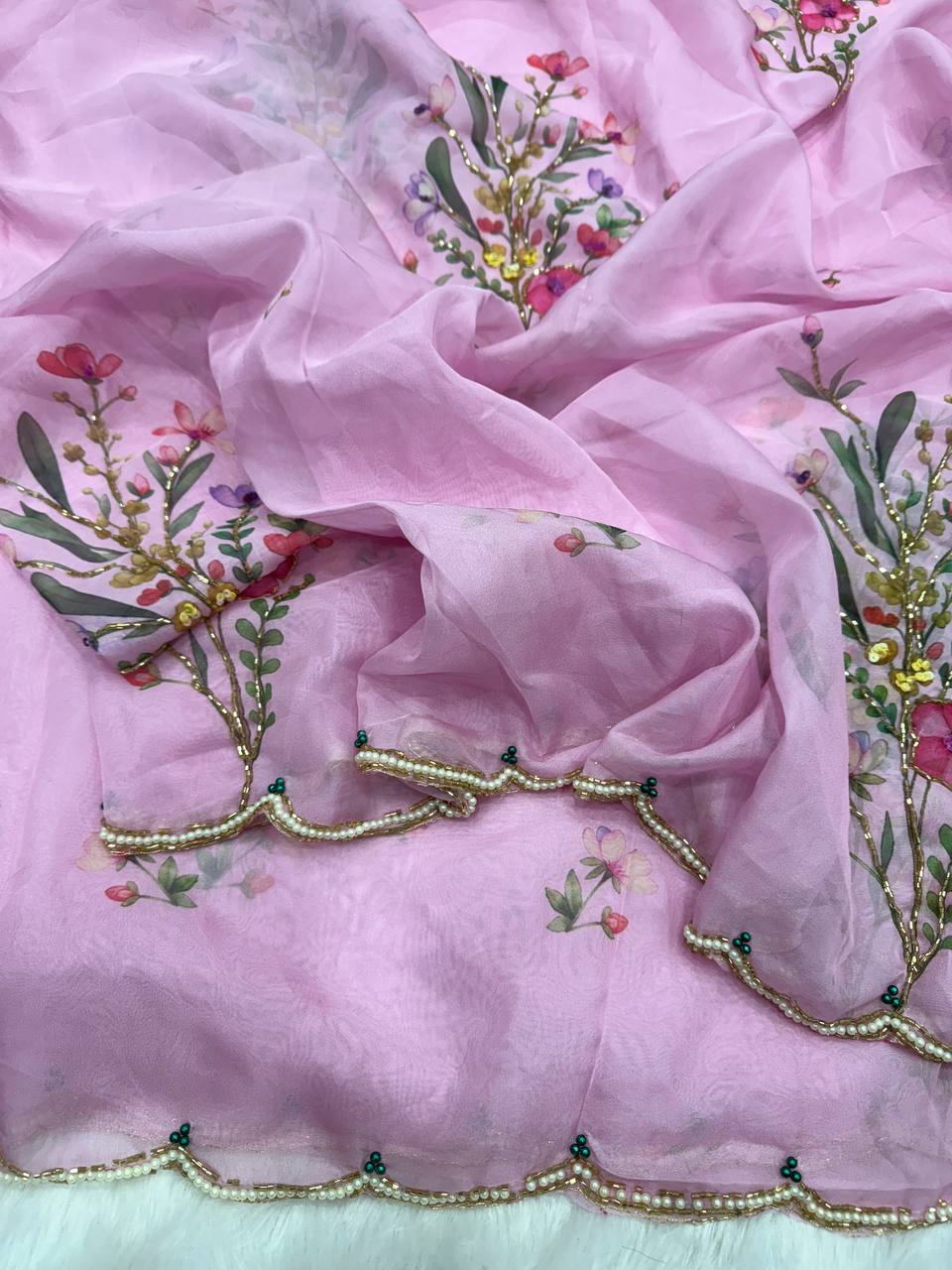 Floral Embroidered Organza Saree with Pearl Border & Matching Blouse – Pink, Cream & White