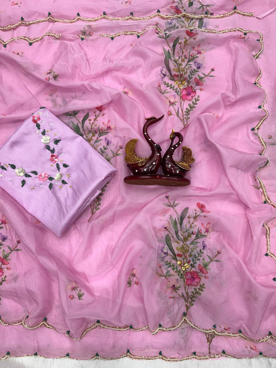 Floral Embroidered Organza Saree with Pearl Border & Matching Blouse – Pink, Cream & White