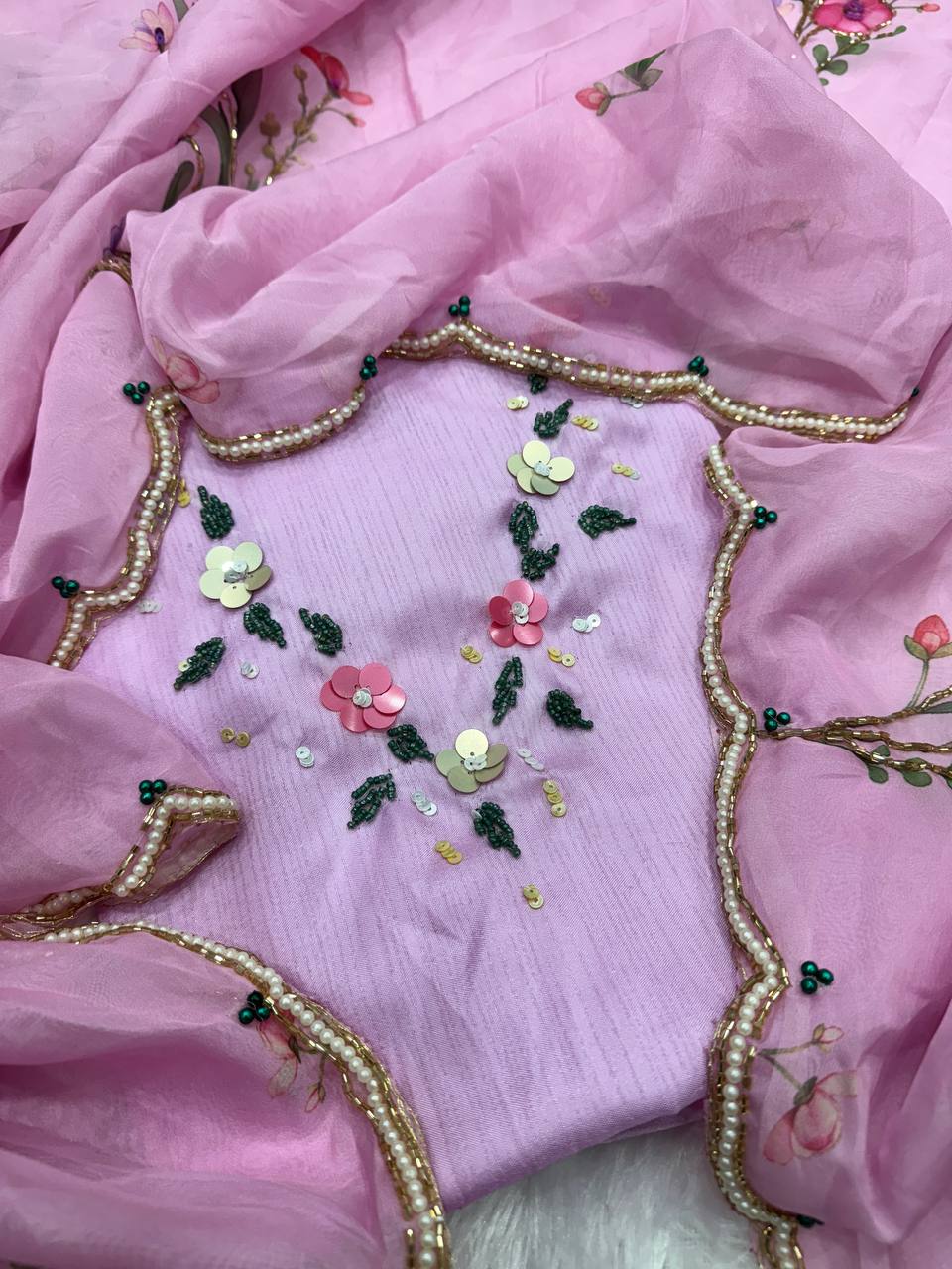 Floral Embroidered Organza Saree with Pearl Border & Matching Blouse – Pink, Cream & White