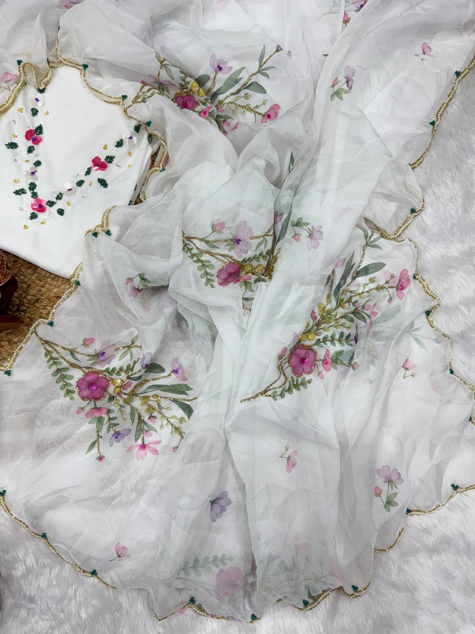 Floral Embroidered Organza Saree with Pearl Border & Matching Blouse – Pink, Cream & White