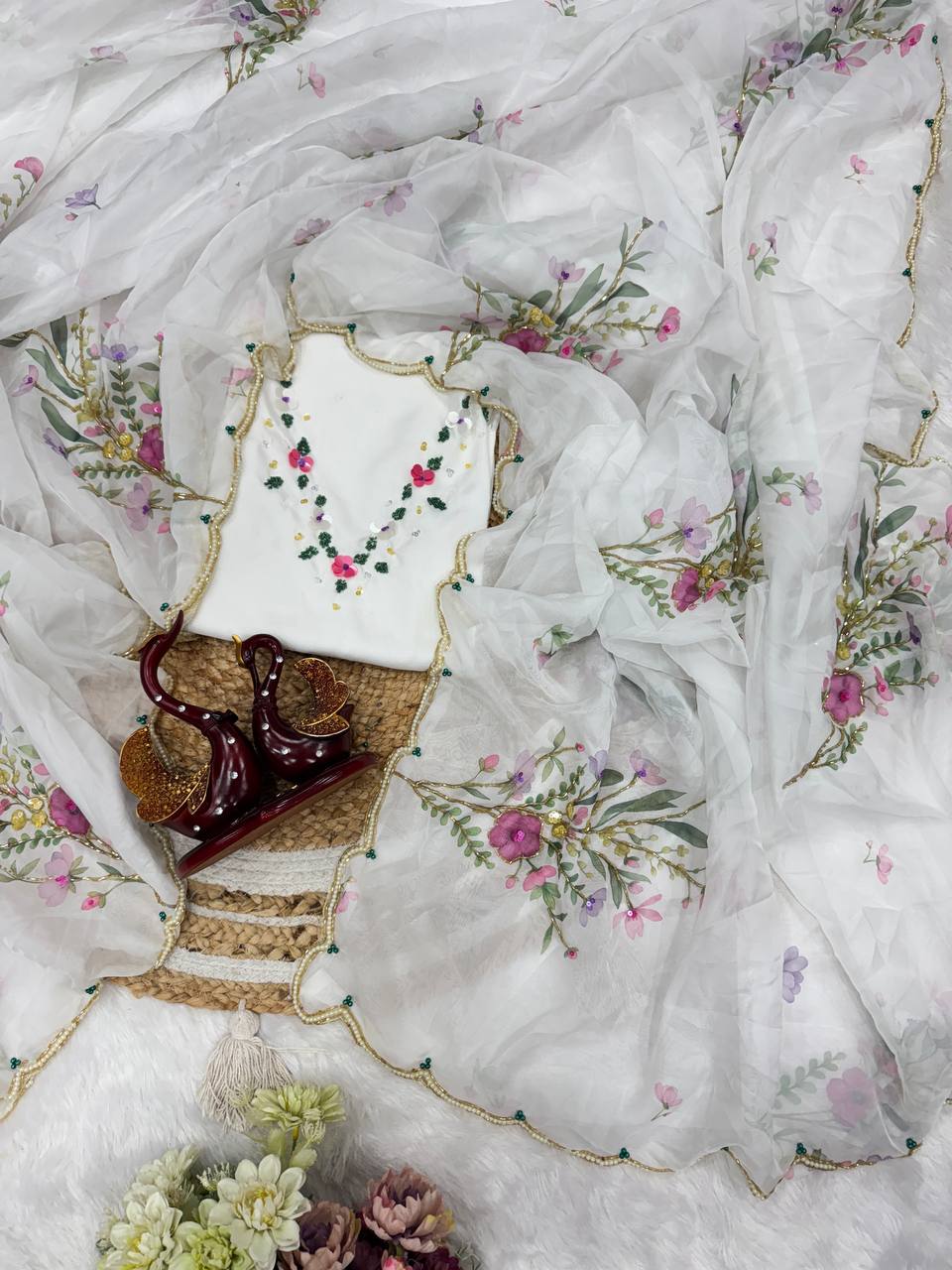 Floral Embroidered Organza Saree with Pearl Border & Matching Blouse – Pink, Cream & White