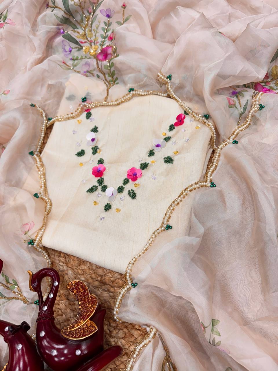 Floral Embroidered Organza Saree with Pearl Border & Matching Blouse – Pink, Cream & White