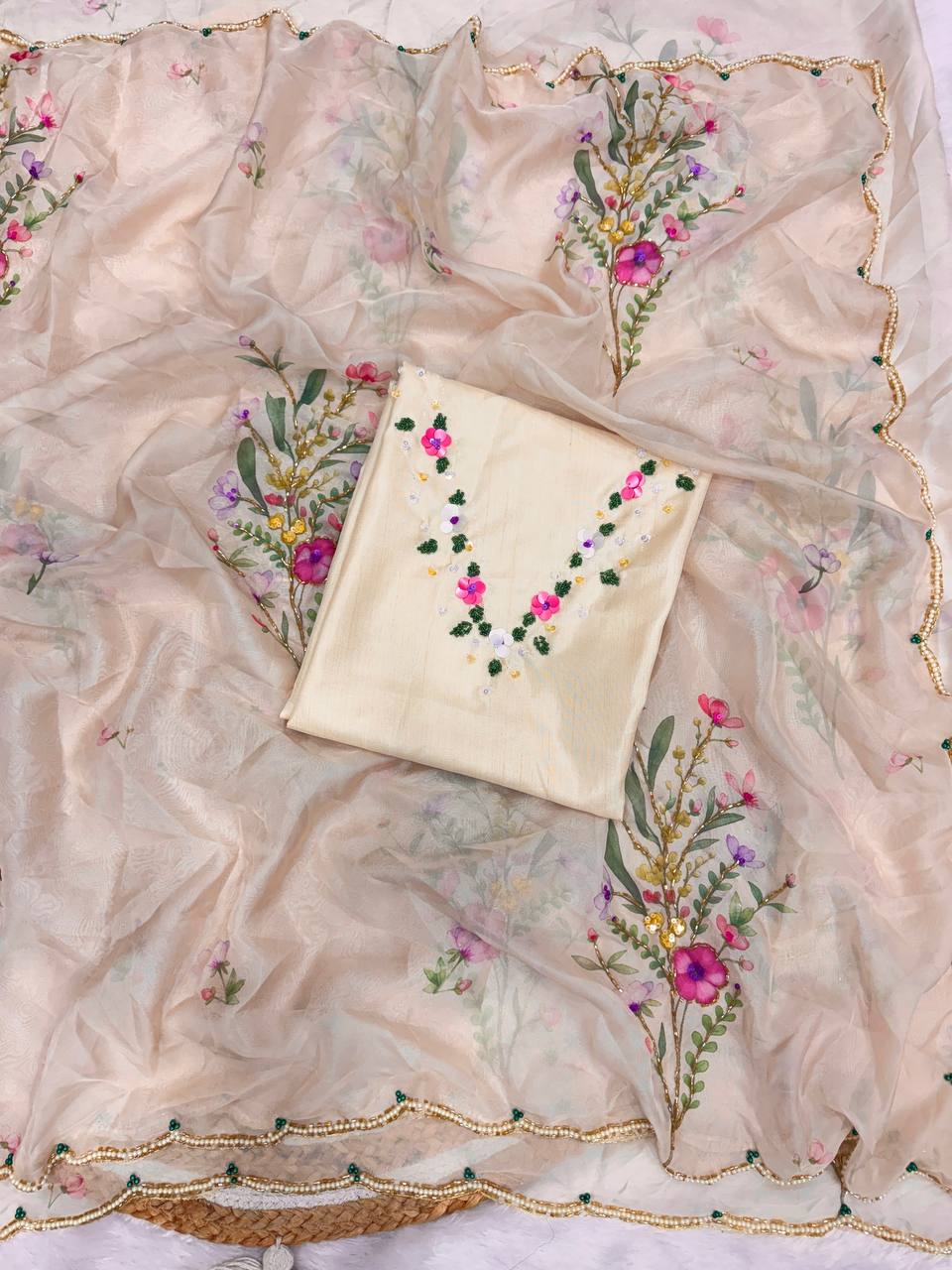 Floral Embroidered Organza Saree with Pearl Border & Matching Blouse – Pink, Cream & White