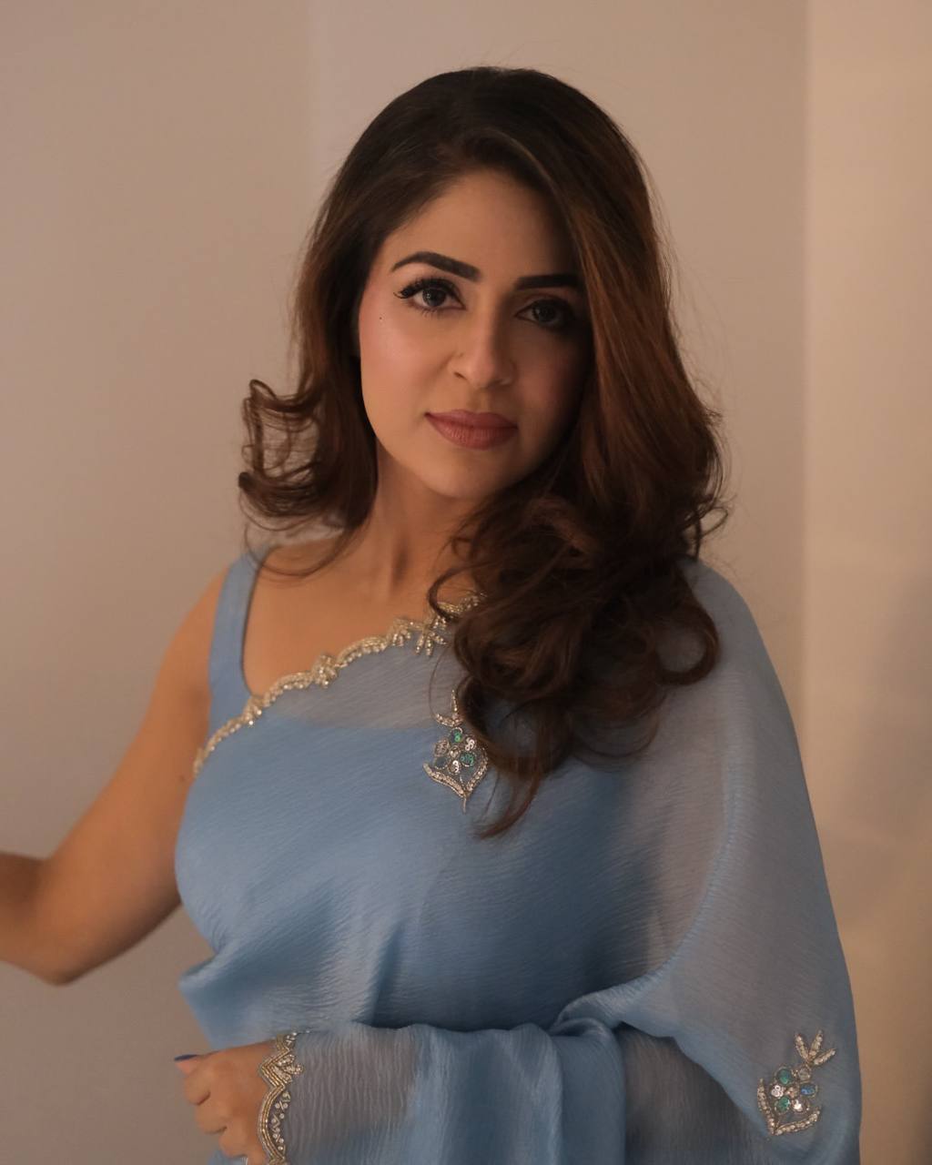 Sky Blue Shimmer Organza Saree with Delicate Hand Embroidery & Matching Blouse Piece