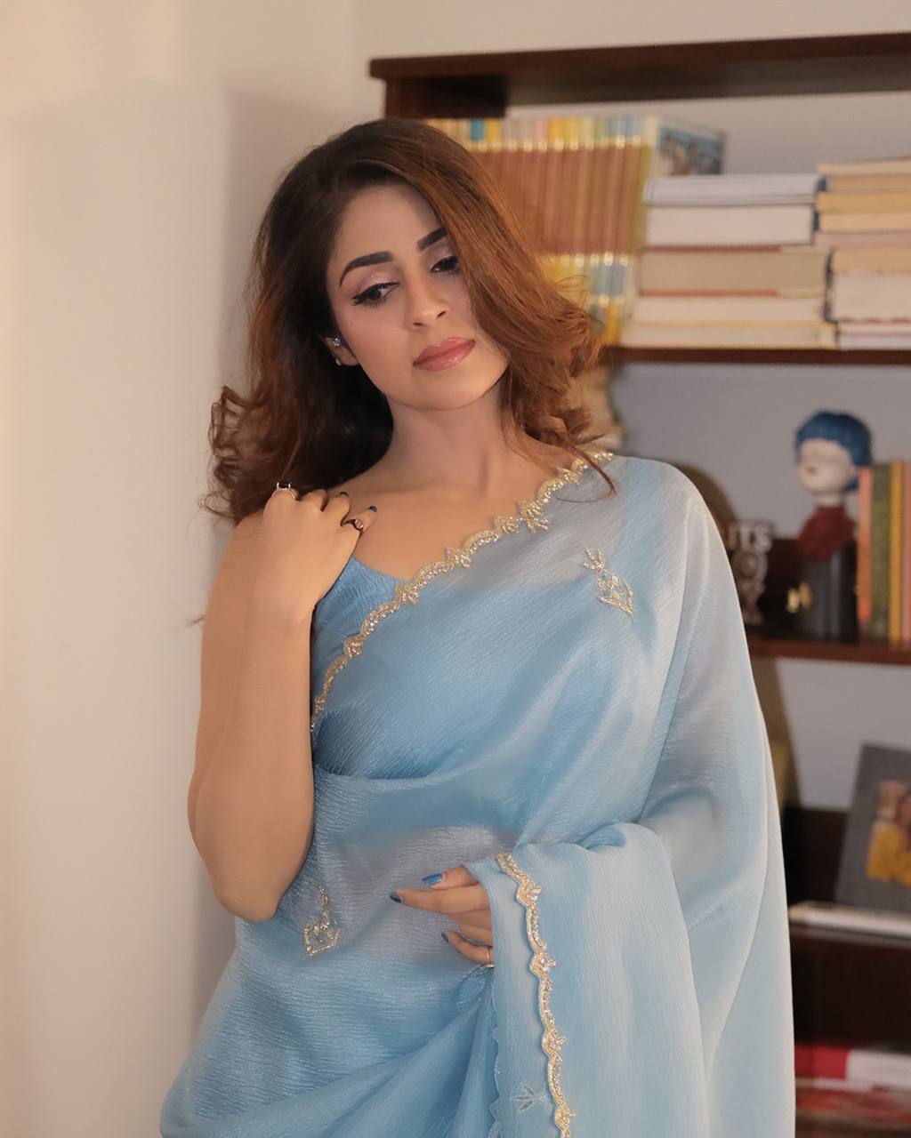 Sky Blue Shimmer Organza Saree with Delicate Hand Embroidery & Matching Blouse Piece