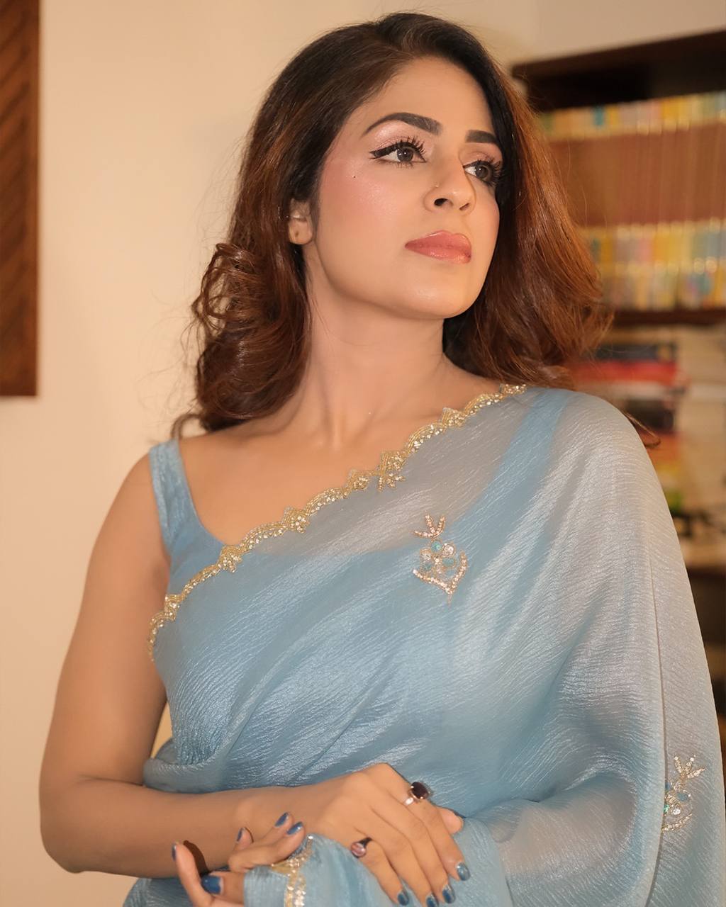 Sky Blue Shimmer Organza Saree with Delicate Hand Embroidery & Matching Blouse Piece