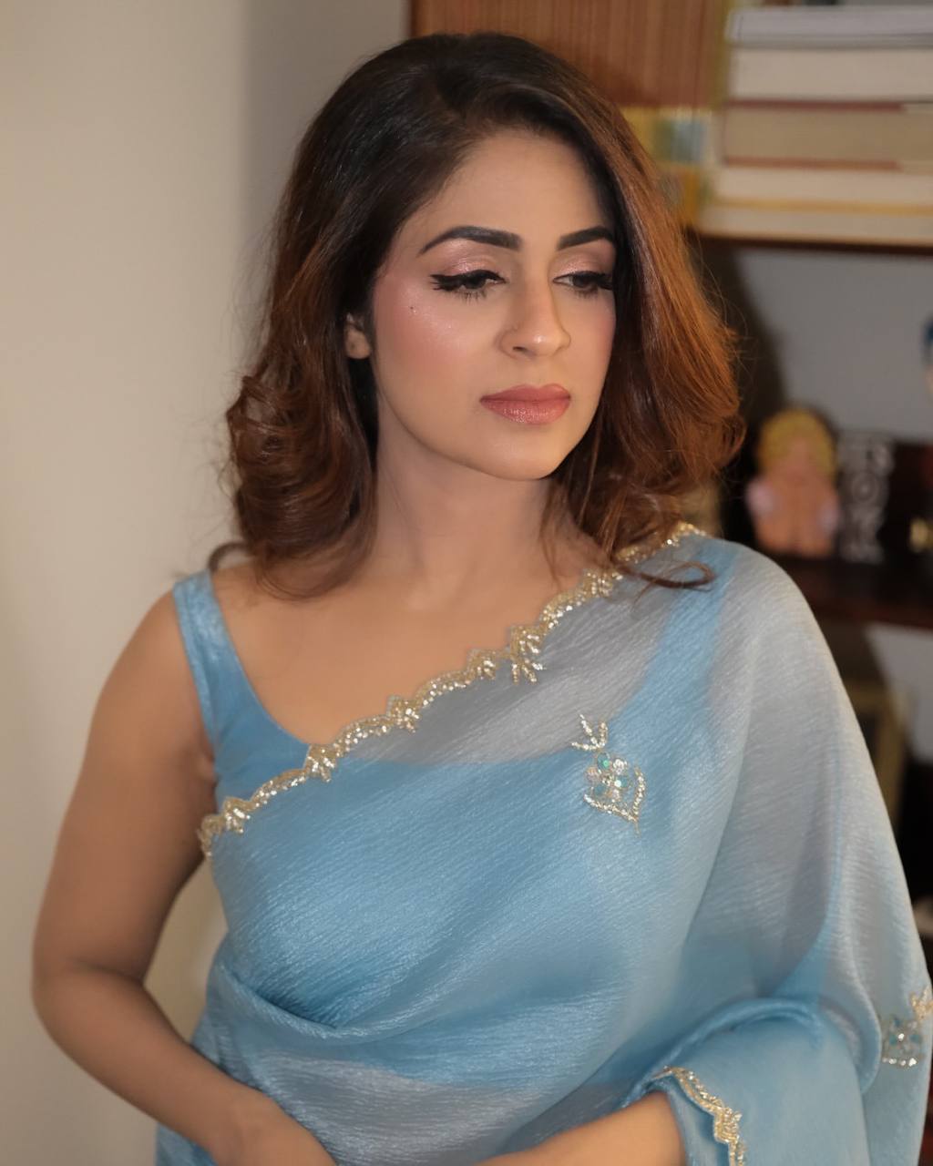 Sky Blue Shimmer Organza Saree with Delicate Hand Embroidery & Matching Blouse Piece