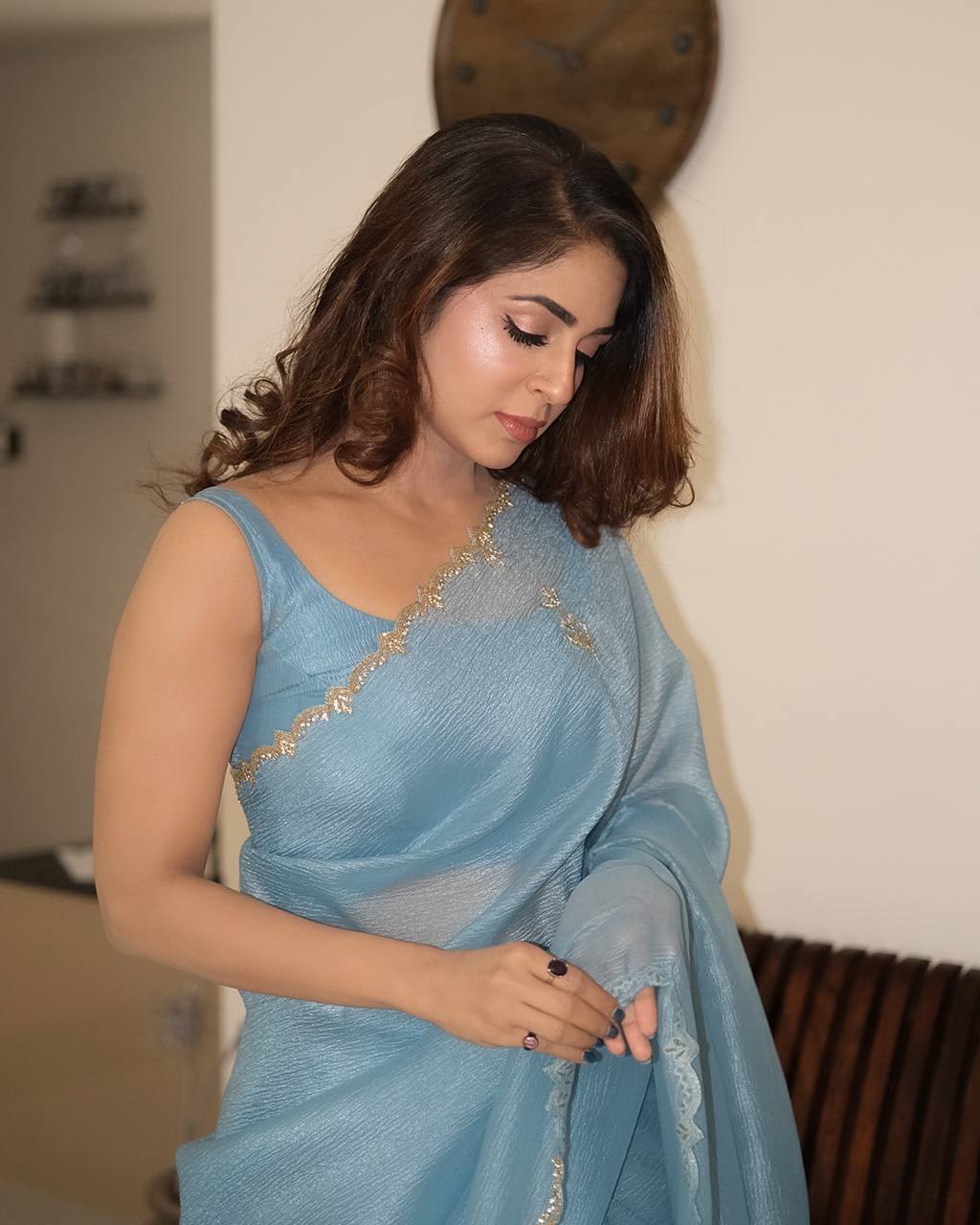 Sky Blue Shimmer Organza Saree with Delicate Hand Embroidery & Matching Blouse Piece