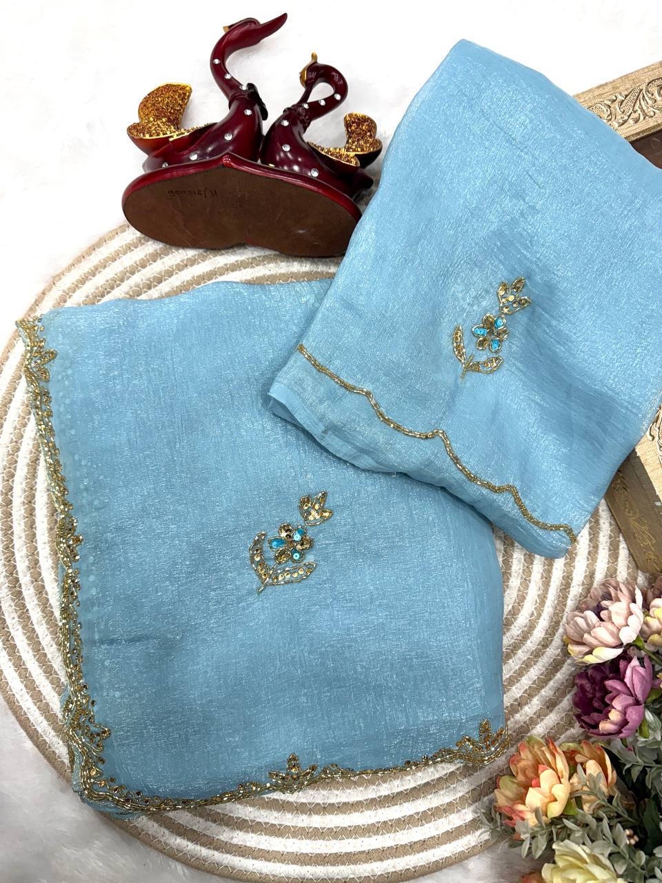 Sky Blue Shimmer Organza Saree with Delicate Hand Embroidery & Matching Blouse Piece