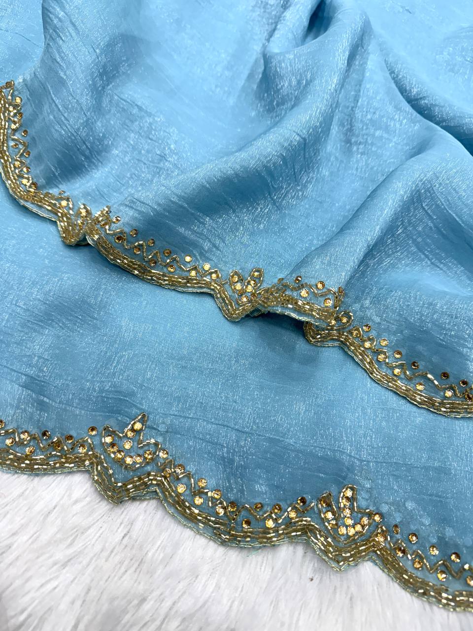 Sky Blue Shimmer Organza Saree with Delicate Hand Embroidery & Matching Blouse Piece