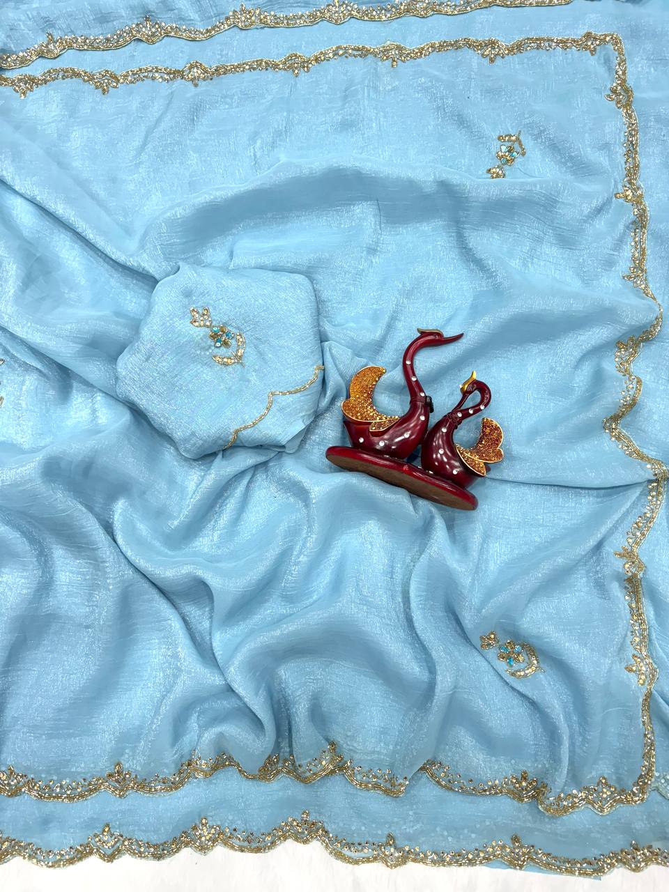 Sky Blue Shimmer Organza Saree with Delicate Hand Embroidery & Matching Blouse Piece