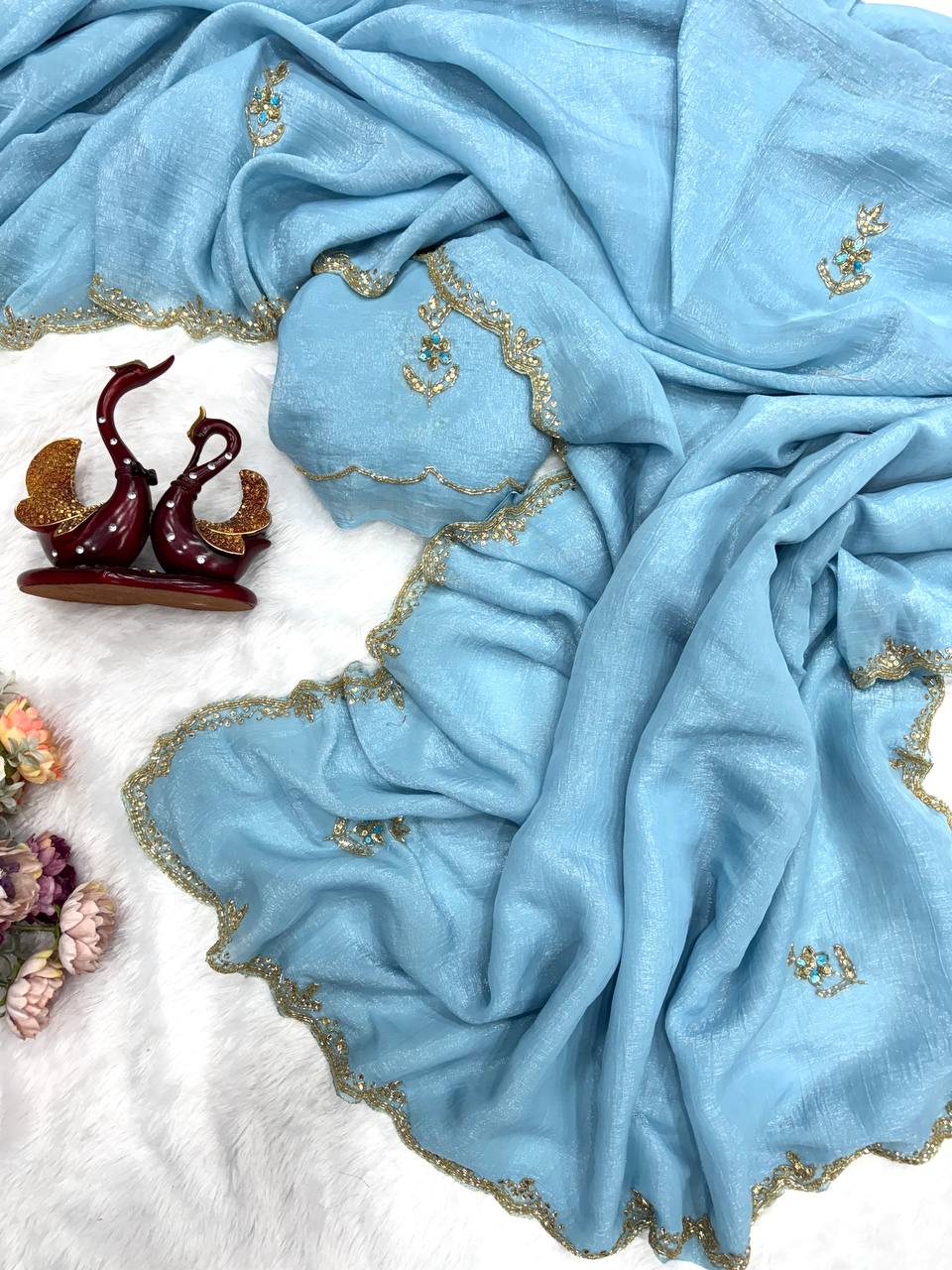 Sky Blue Shimmer Organza Saree with Delicate Hand Embroidery & Matching Blouse Piece