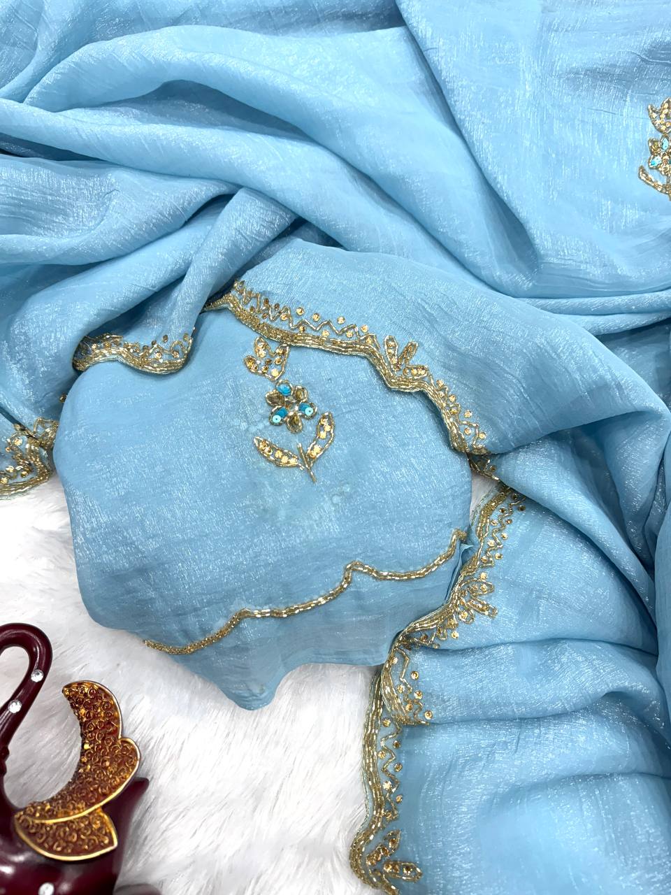 Sky Blue Shimmer Organza Saree with Delicate Hand Embroidery & Matching Blouse Piece