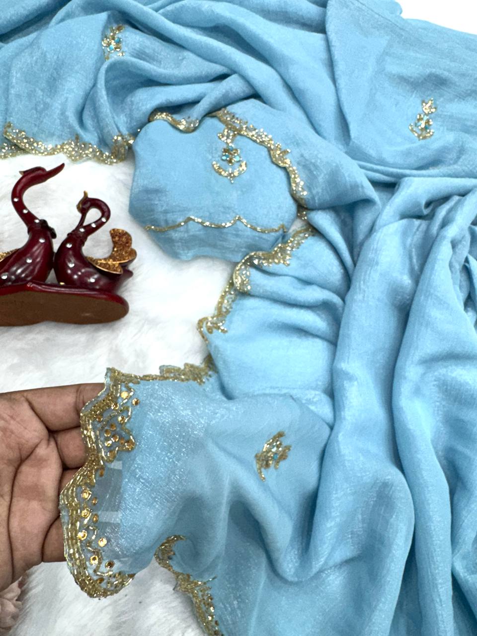 Sky Blue Shimmer Organza Saree with Delicate Hand Embroidery & Matching Blouse Piece