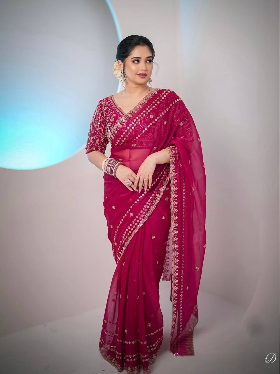 Designer Organza Saree with Heavy Zari Embroidery & Contrast Blouse Options