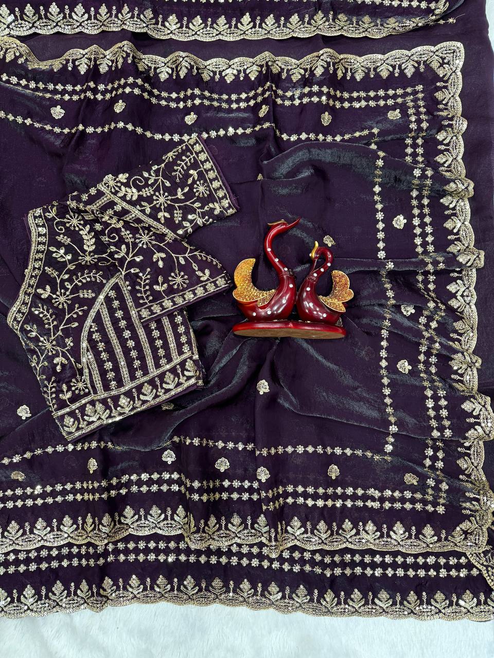 Designer Organza Saree with Heavy Zari Embroidery & Contrast Blouse Options