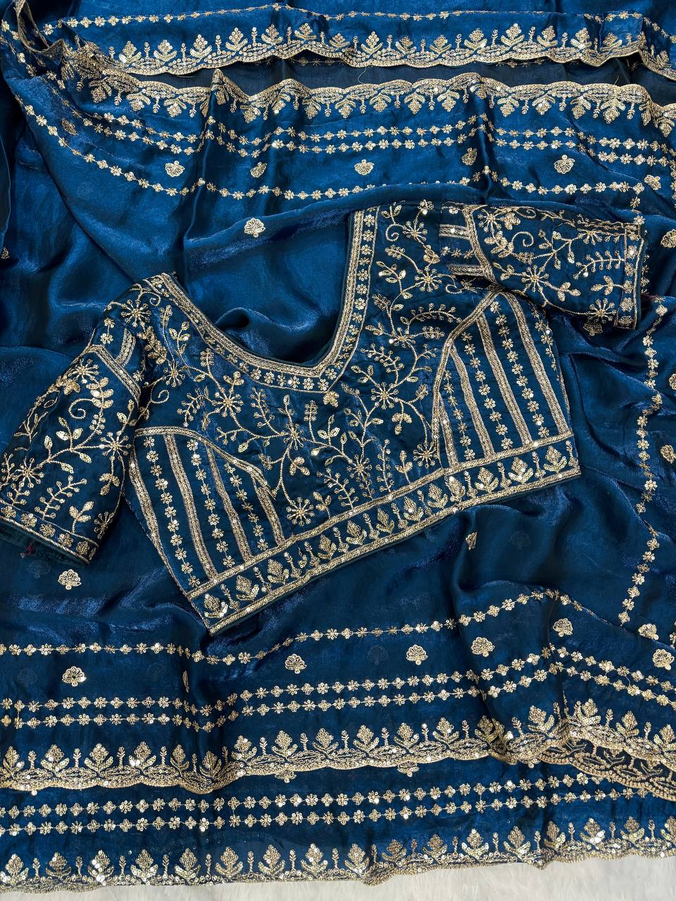 Designer Organza Saree with Heavy Zari Embroidery & Contrast Blouse Options