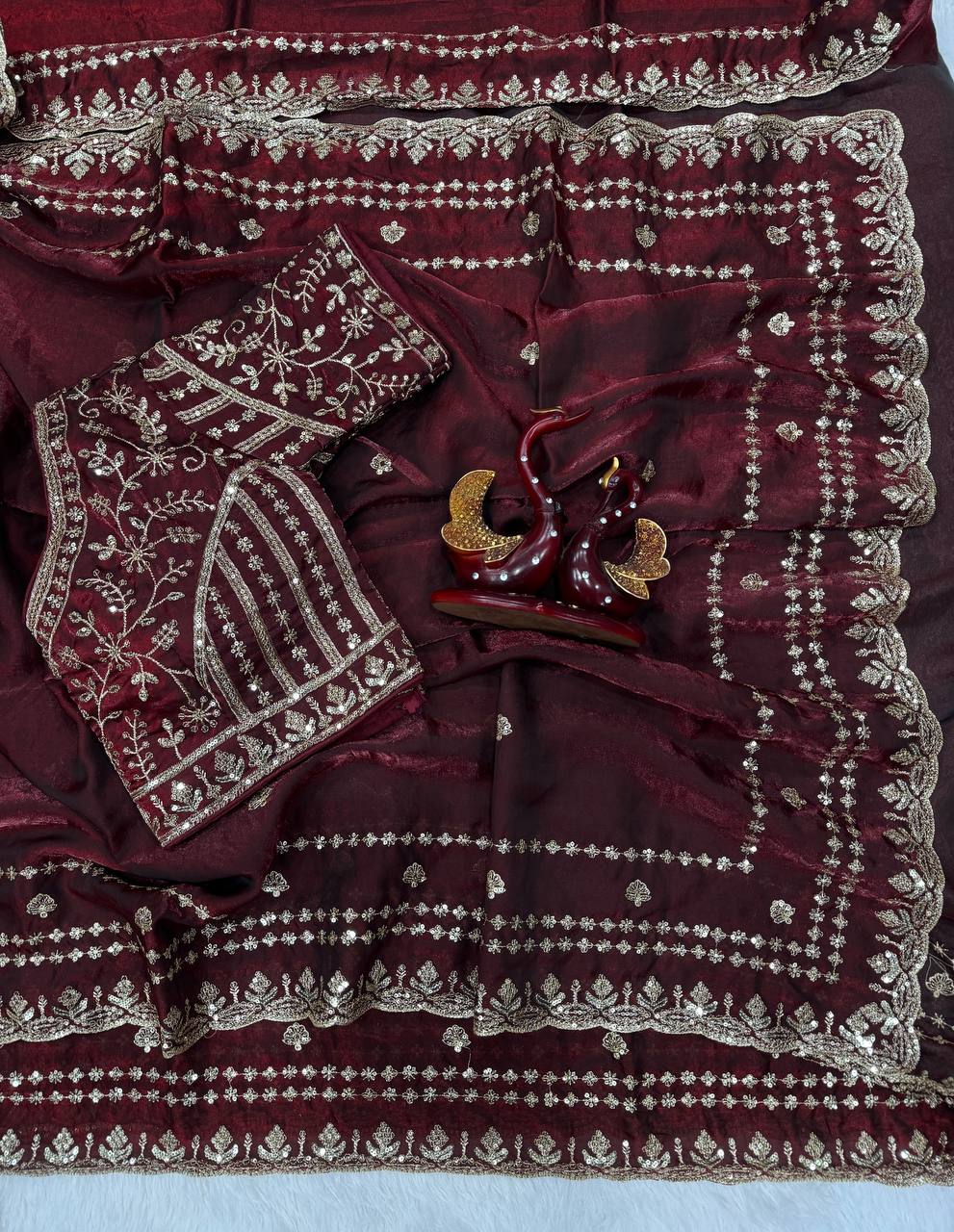 Designer Organza Saree with Heavy Zari Embroidery & Contrast Blouse Options