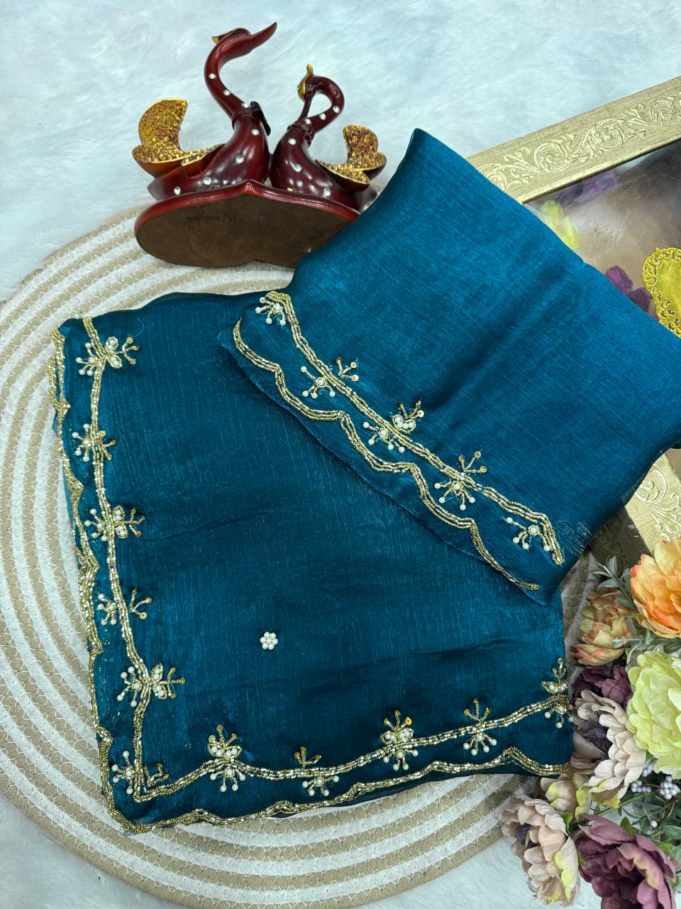 Teal Blue Designer Organza Saree with Elegant Pearl & Zari Hand Embroidery