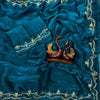 Teal Blue Designer Organza Saree with Elegant Pearl & Zari Hand Embroidery