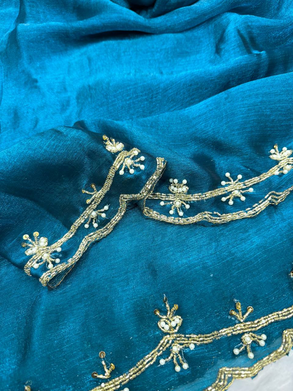 Teal Blue Designer Organza Saree with Elegant Pearl & Zari Hand Embroidery