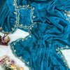 Teal Blue Designer Organza Saree with Elegant Pearl & Zari Hand Embroidery