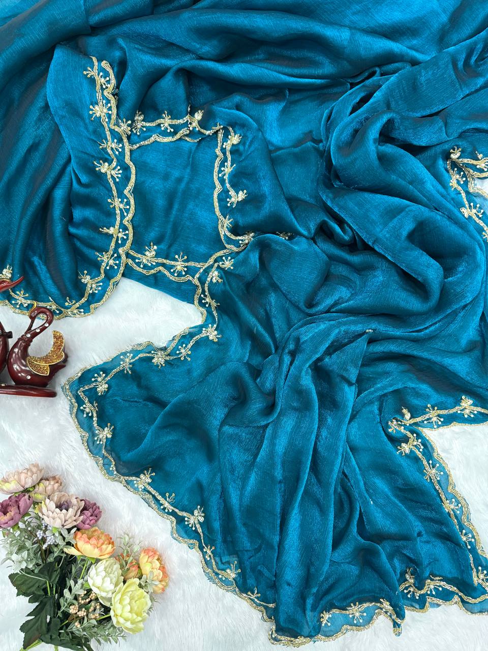 Teal Blue Designer Organza Saree with Elegant Pearl & Zari Hand Embroidery