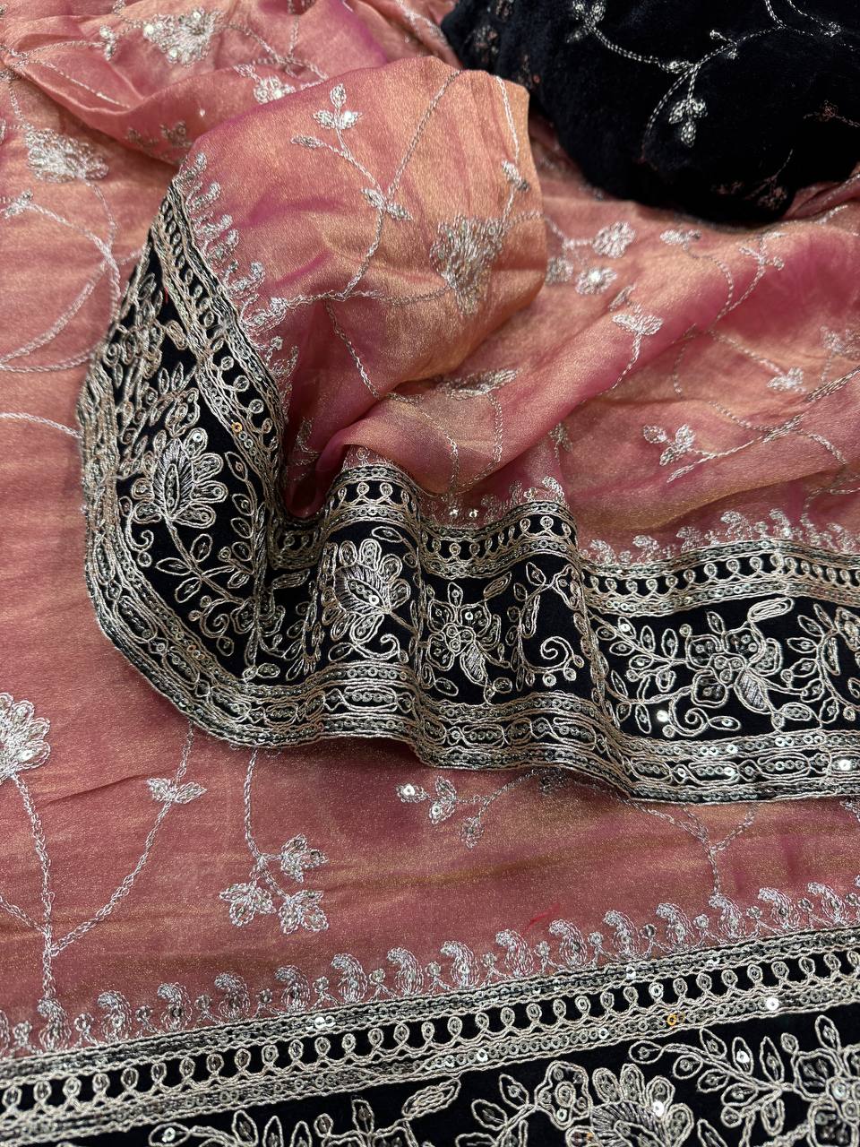 Designer Organza Saree Collection with Intricate Silver Floral Embroidery & Contrast Border