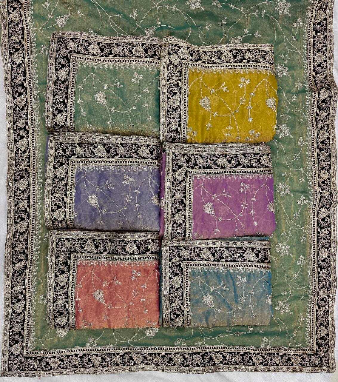 Designer Organza Saree Collection with Intricate Silver Floral Embroidery & Contrast Border