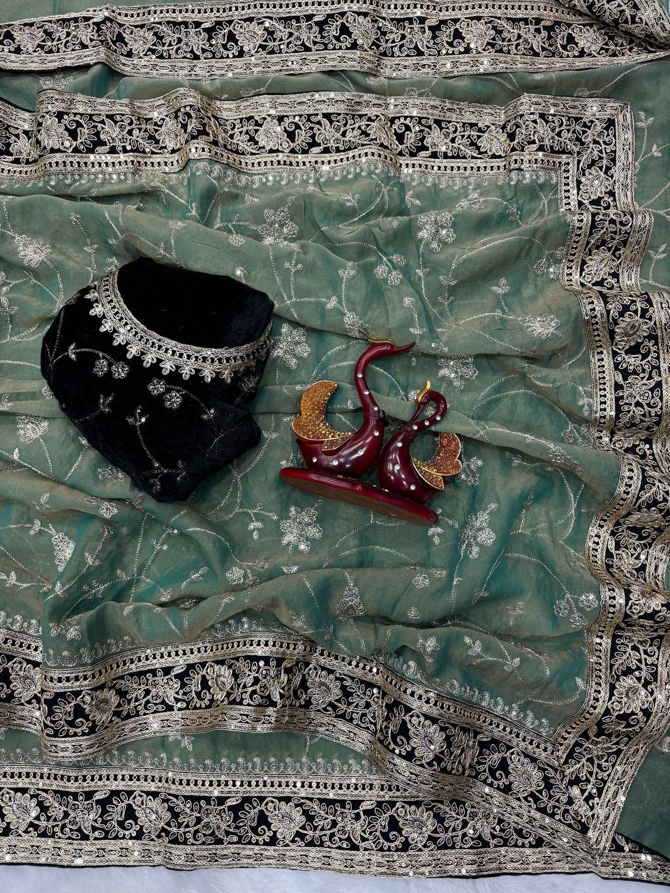 Designer Organza Saree Collection with Intricate Silver Floral Embroidery & Contrast Border