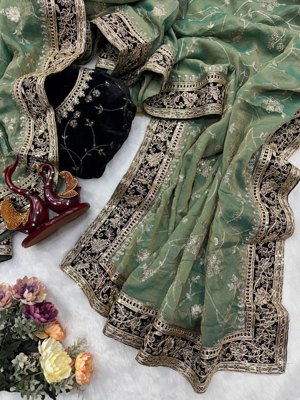 Designer Organza Saree Collection with Intricate Silver Floral Embroidery & Contrast Border