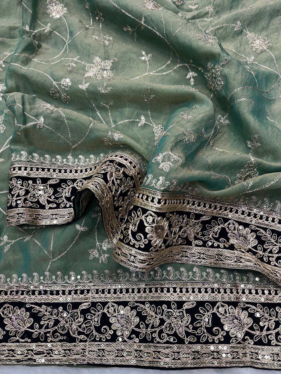 Designer Organza Saree Collection with Intricate Silver Floral Embroidery & Contrast Border