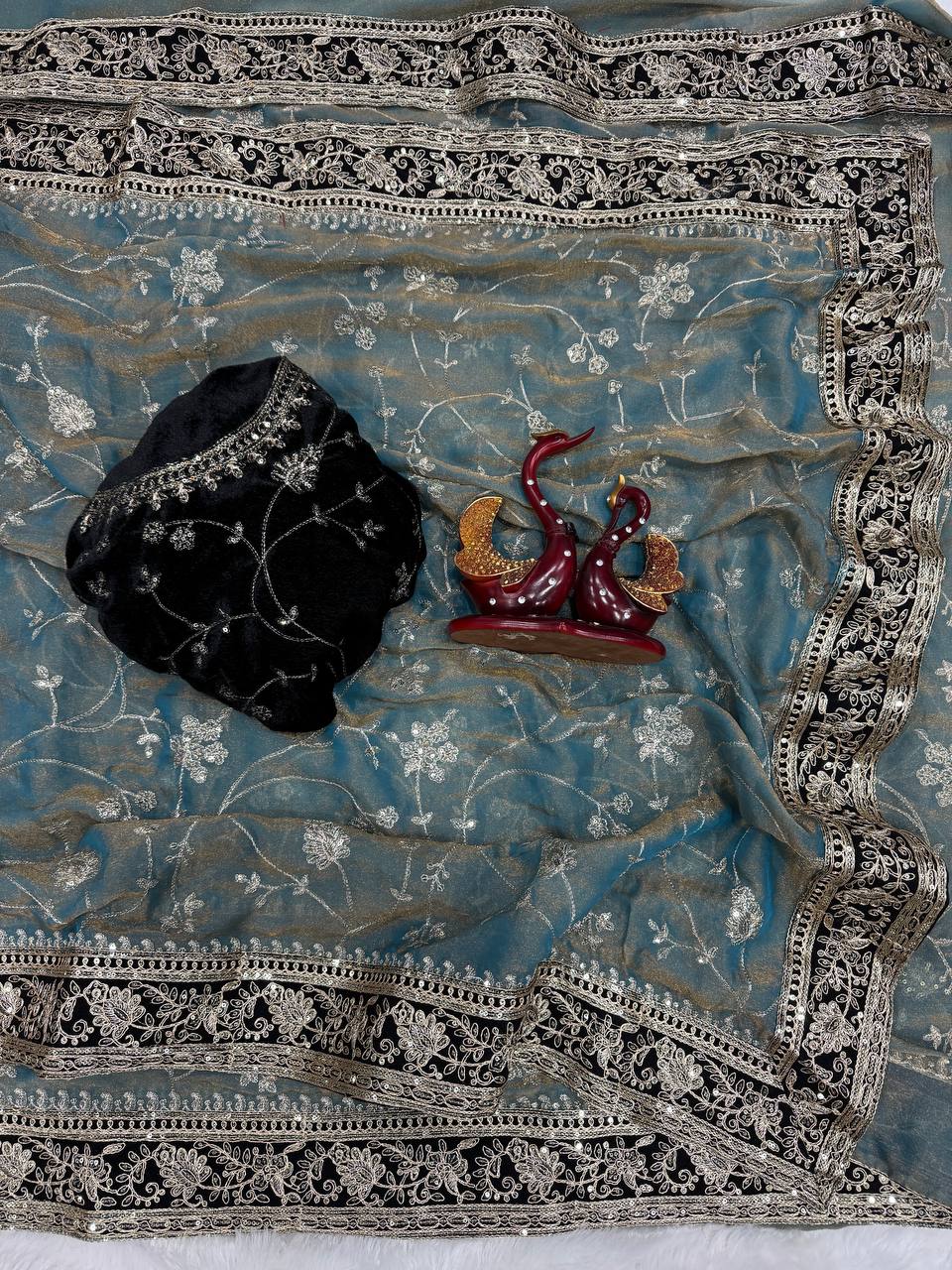 Designer Organza Saree Collection with Intricate Silver Floral Embroidery & Contrast Border