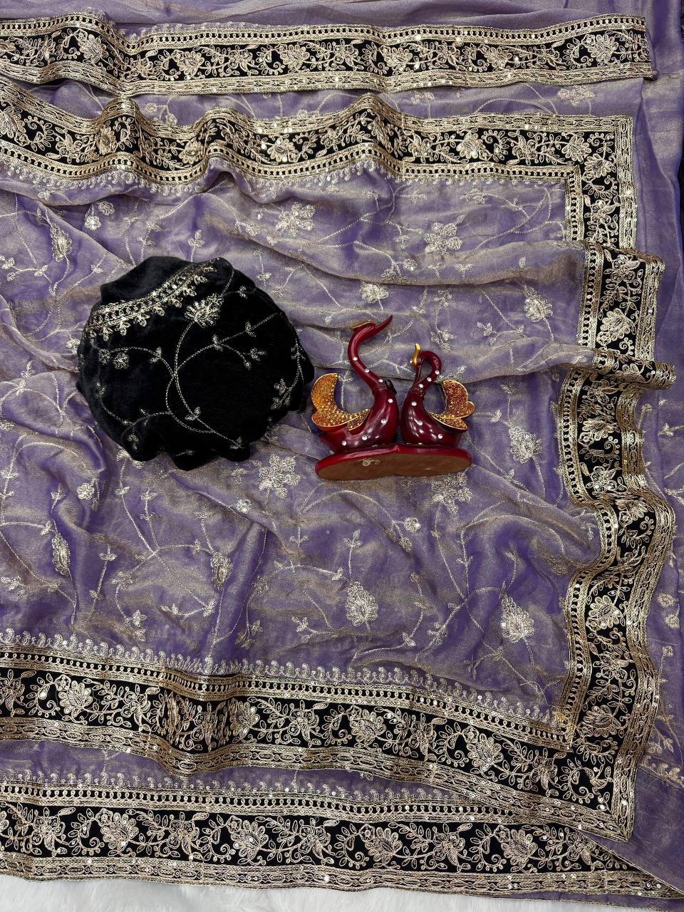 Designer Organza Saree Collection with Intricate Silver Floral Embroidery & Contrast Border