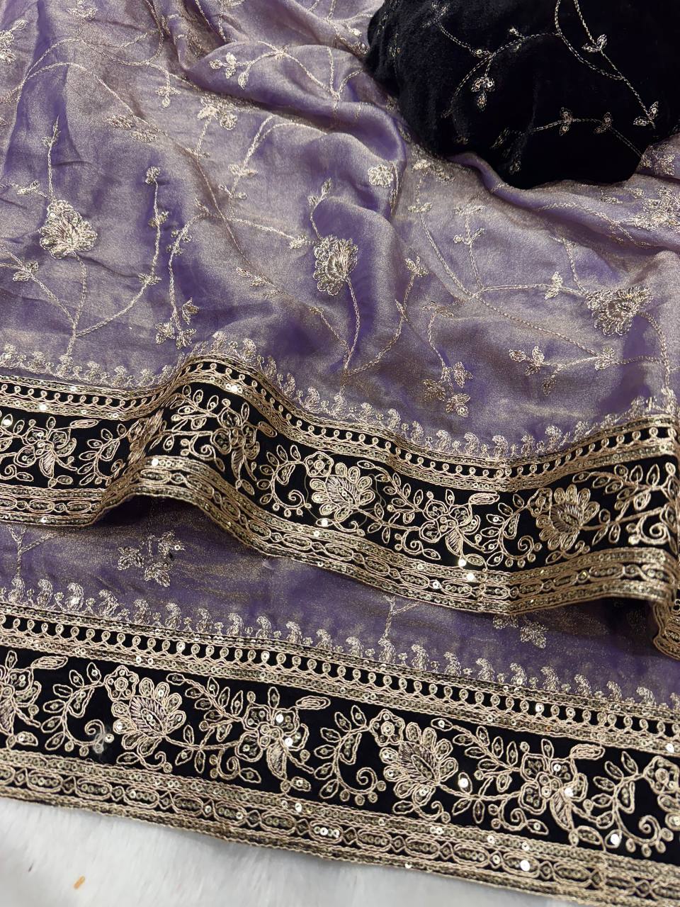 Designer Organza Saree Collection with Intricate Silver Floral Embroidery & Contrast Border