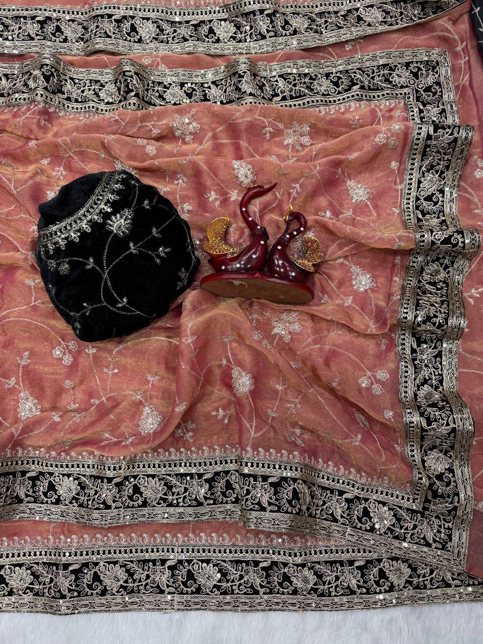 Designer Organza Saree Collection with Intricate Silver Floral Embroidery & Contrast Border