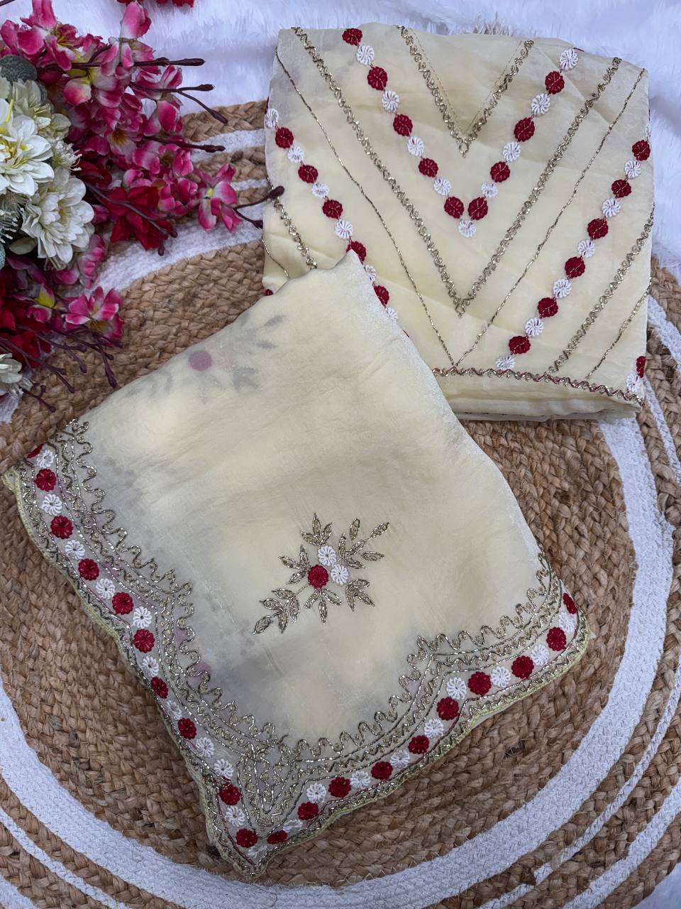 Ivory Organza Saree with Floral Thread Embroidery & Elegant Border Work