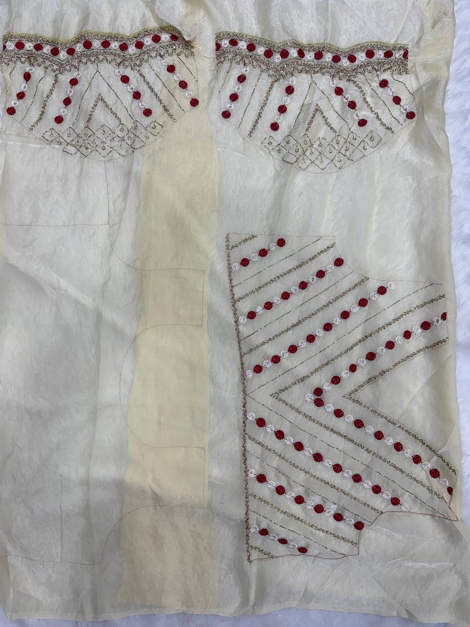 Ivory Organza Saree with Floral Thread Embroidery & Elegant Border Work