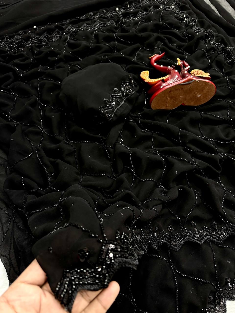 Elegant Black Sequin Work Saree with Designer Scalloped Border