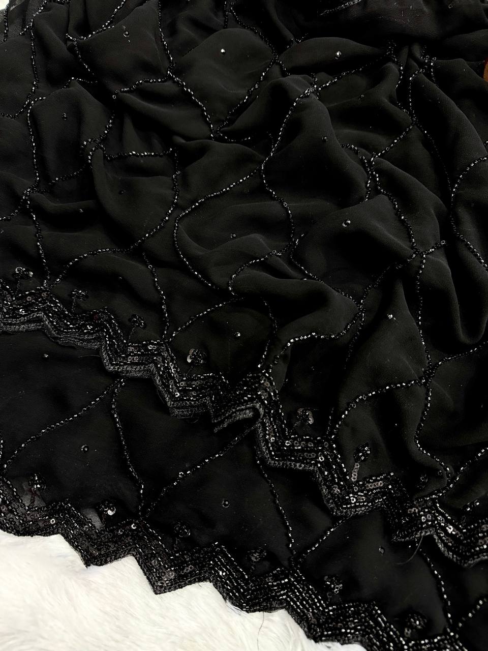 Elegant Black Sequin Work Saree with Designer Scalloped Border