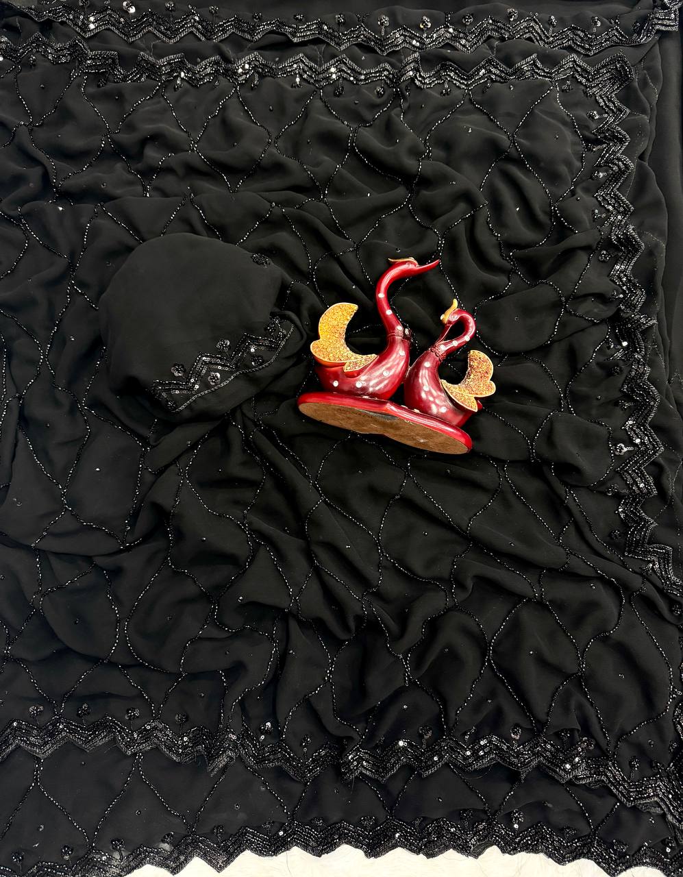 Elegant Black Sequin Work Saree with Designer Scalloped Border