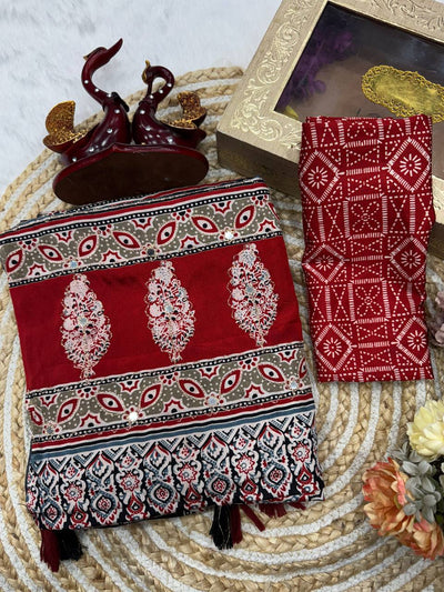 Black & Maroon Ajrakh Print Saree with Contrast Pallu and Tassel Border