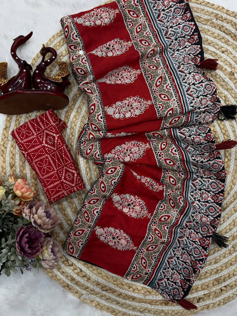 Black & Maroon Ajrakh Print Saree with Contrast Pallu and Tassel Border